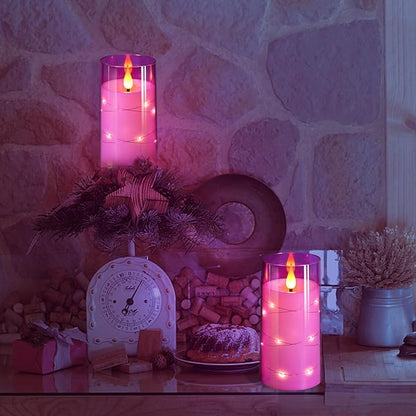 NURADA Flickering Flameless Candles: Built-in Star String Lights 3D Wick Acrylic Battery Operated LED Pillar Candles with Remote and Timer for Table Wedding Centerpieces Party 3 Pack Purple