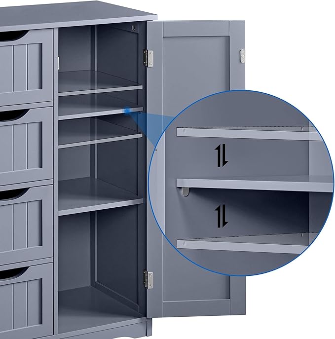 Yaheetech Bathroom Floor Cabinet, Freestanding Storage Organizer Unit Kitchen Cupboard W/ 4 Drawers & Adjustable Shelves, Using for Kitchen/Bathroom, Gray