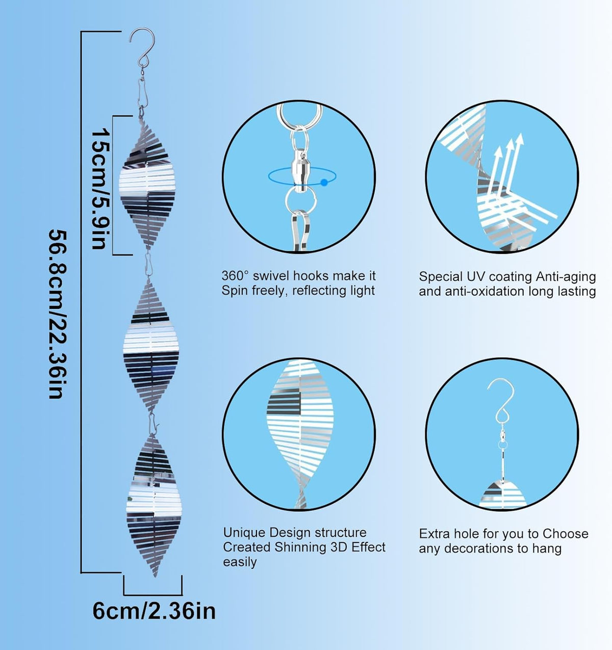 3x3 Stainless Steel Bird Scare Discs Set,3D Reflective Helix Wind Spinners with Rotating Hooks, Sparkly Metal Decor & Gentle Light Deterrent for Yards/Farms/Orchards