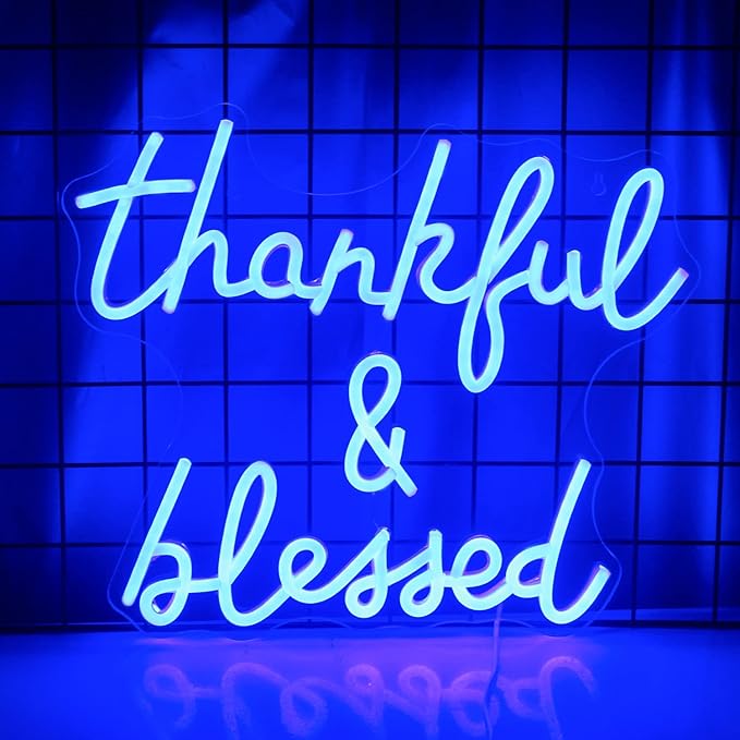 Thankful and Blessed Neon Sign Thanksgiving Led Sign Blessed Neon Lights Blue Light up Sign USB Powered Switch Neon Signs for Wall Decor for Wedding Decoration Birthday Party Girls Decor