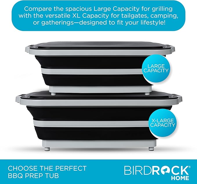 BIRDROCK HOME Collapsible XL BBQ Prep Tub w/Cutting Board, Multi-Function Grill Caddy w/Colander & Lid, Portable Silicone Dish Bowl for Picnic, Tailgate, Camping - Black