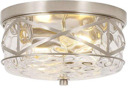 LamQee 9.8" Small Flush Mount Ceiling Light With Clear Hammered Glass, Brushed Nickel Hallway Light Fixtures Ceiling Mount for Bathroom, 2-Lights Farmhouse Close To Ceiling Light Kitchen Foyer Bedroom
