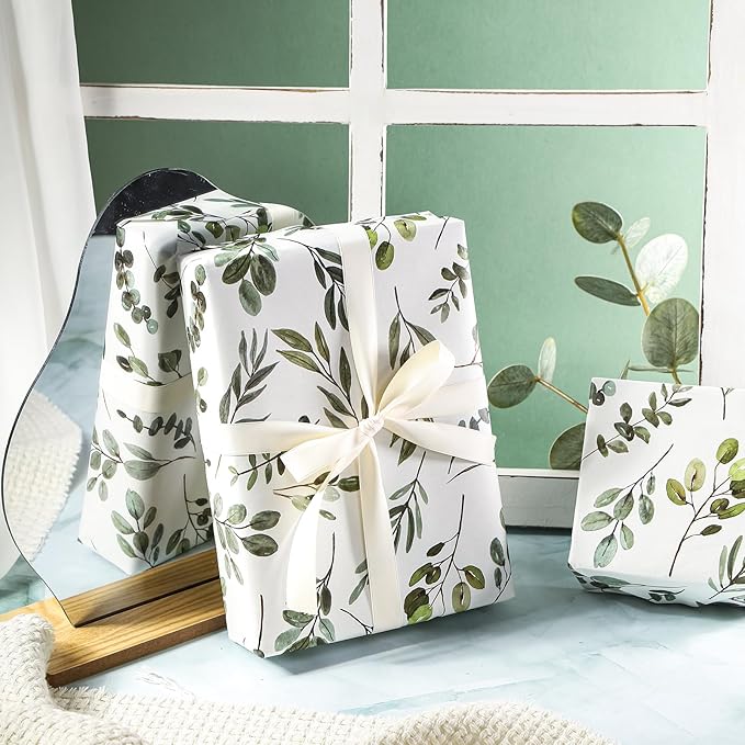 WRAPAHOLIC Kraft Wrapping Paper - Mini Roll - 17 Inch x 16.5 Feet - Eucalyptus Leaves Wrapping Paper for Wedding, Birthday, Bridal Shower, Tea Party, Drawer Liners, Home Closet Shelves