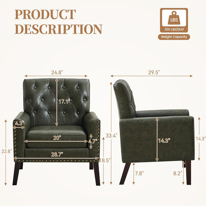 Faux Leather Accent Chair, Modern Upholstered Armchair with Button Tufted Back, Mid Century Comfy Club Chair with Wood Legs Leather Reading Chair for Living Room, Bedroom, Dark Green