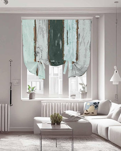 Tie Up Curtains for Windows, Blue Teal Adjustable Balloon Nature Linen Textured Kitchen Curtain, Vintage Wooden Retro Art Farmhouse Barns Thermal Insulated Curtains for Window, 42" x 54"