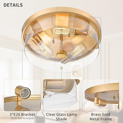 Gold Flush Mount Ceiling Light, 3-Light Hallway Light Fixtures, Modern Farmhouse Farmhouse Ceiling Light Clear Glass Brushed Gold Finish for Kitchen Porch Entryway