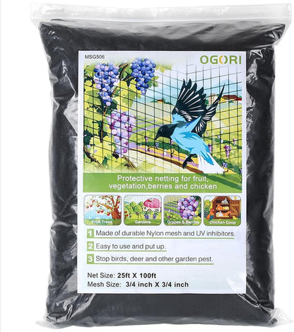 OGORI 25' x 100' Bird Netting Heavy Duty Nylon 3/4" Mesh Garden Netting Protect Fruit Trees, Plants and Vegetables