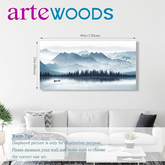 arteWOODS Indigo Canvas Wall Art Misty Mountain Wall Pictures Foggy Lake Boat Canvas Painting Prints Forest Birds Canvas Wall Decor for Living Room Wall Decorations Framed Ready to Hang 24" x 48"