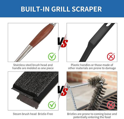 Grill Brush Bristle-Free, with Replaceable Head & Wooden Handle – Safe, Heat-Resistant BBQ Cleaner for All Grill Types (Cast Iron, Stainless Steel, Gas, Charcoal)