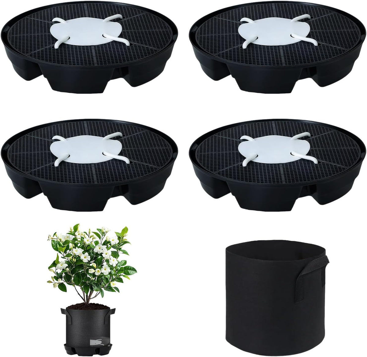 4Pcs Self Watering Pot Base with 1 Plant Grow Bag, Self Watering Pots for Indoor Plants, Plant Saucers, Auto Watering for Plants Indoor - Auto-Irrigation System for 5 Gallon Fabric Pots