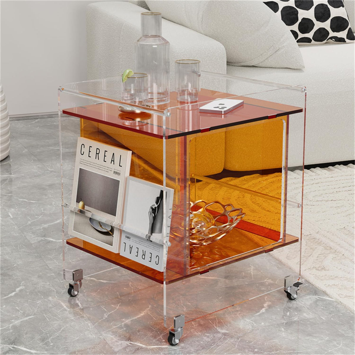 Transparent Acrylic Mobile Side Table with Wheels - Multifunctional Storage & Stylish Home Decor (Orange)