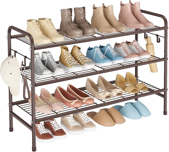 3 Tier Shoe Rack 33" Wide Metal Shoe Organizer Long Shoe Storage with 4 Side Hooks Sturdy Shoes Shelf for Front Door Entrance, Closet, Garage, Dorm, Brown