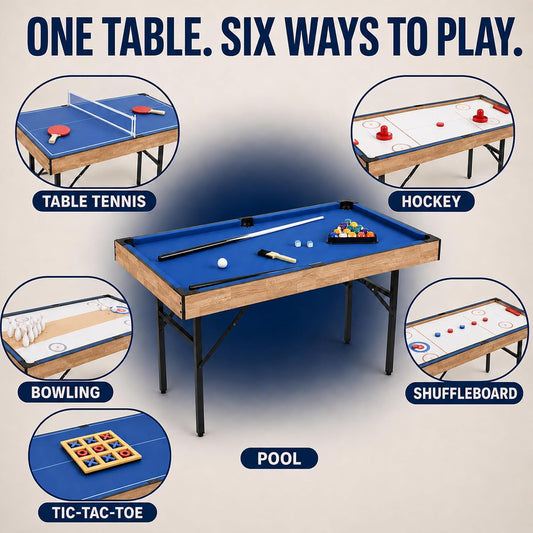6 in 1 Multi Game Table Folding Pool Table, Billiard, Hockey, Table Tennis, Bowling, Shuffle Board and Tic Tac Toe with All Accessories