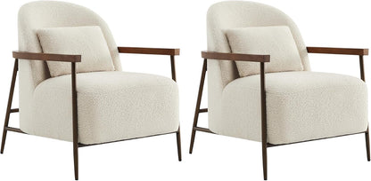CHITA Accent Chair Set of 2, Sherpa Armchair with Wooden Armrest, Ivory
