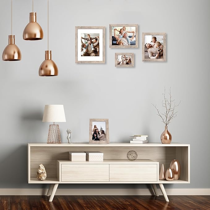 5x7 Picture Frame Set of 4, Smoke Gray Frame with High Definition Glass, 5 x 7 Wood Photo Frames for Tabletop Display and Wall Mounting