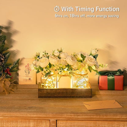 Mkono Mason Jar Lights Centerpiece Table Decor for Dining Room Farmhouse Wood Tray with 3 Jars Flowers Fall Decoration for Coffee Table Kitchen Living Room Wedding