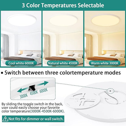 24 Inch Dimmable LED Ceiling Light Fixture, Ultra Thin Flush Mount, 48W 4800Lumen, 3 Color Changeable, Round, White, for Dining Room, Living Room, Bedroom, Office, Hotel