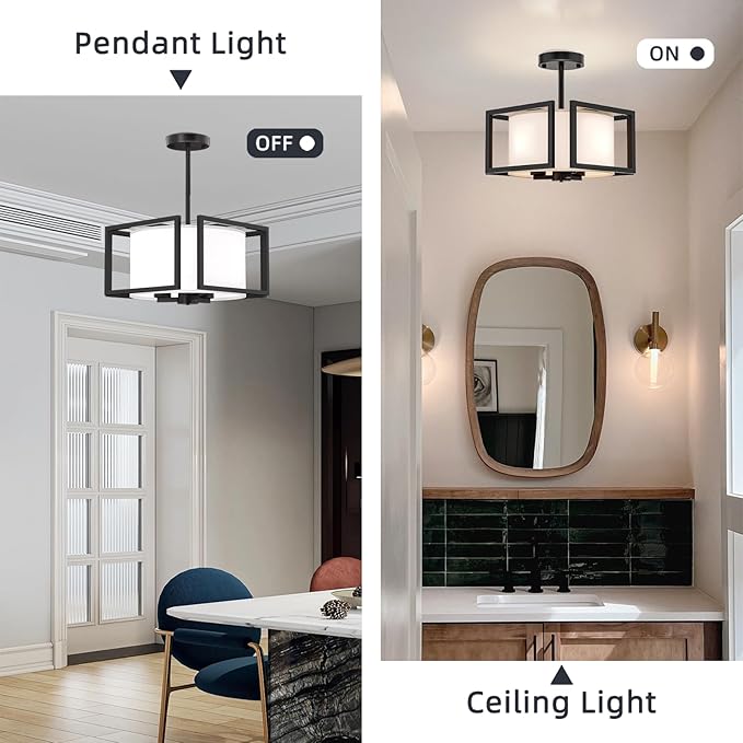 Modern Ceiling Light Fixture - Easric Semi Flush Mount Ceiling Light Industrial Light Fixtures Ceiling Mount with Fabric Shade Black Metal Frame Drum Ceiling Lights for Bedroom,Hallway,Kitchen