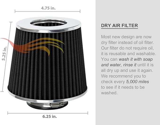BLACK 6" 152 mm Inlet Short Truck Air Cone Replacement Performance Washable Clamp-On Dry Air Filter (6" Tall)