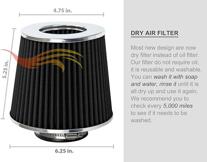 BLACK 6" 152 mm Inlet Short Truck Air Cone Replacement Performance Washable Clamp-On Dry Air Filter (6" Tall)