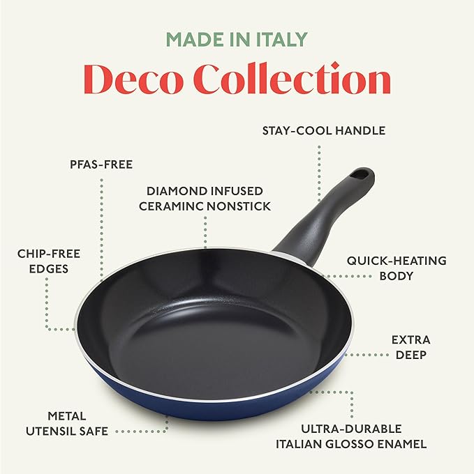 Deco 11” Nonstick Frying Pan Skillet, Made in Italy, Diamond Ceramic PFAS-Free, Dishwasher & Metal Utensil Safe, Durable Gloss Enamel Finish, Stay-Cool Handle, High Walls-Extra Room, Blue