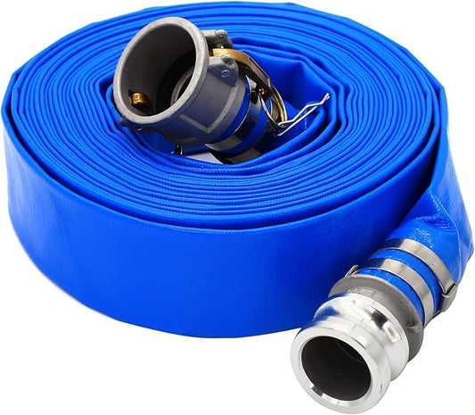 DAVCO 2" ID × 100 ft Pool Backwash Hose, Heavy Duty Reinforced Blue PVC Lay Flat Water Discharge Pump Hoses For Swimming Drain Pools and Clean Filters, with Aluminum Camlock C and E Fittings