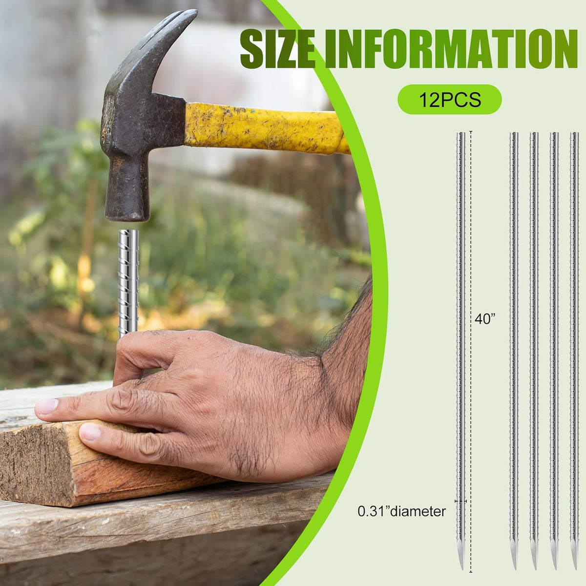Gisafai 12 Pcs 40 Inch Ground Rebar Stakes Heavy Duty Ground Anchors Steel Plant Support Garden Stake Long Straight Metal Spikes with Chisel Point End for Concrete Timber Garden Plant Tent