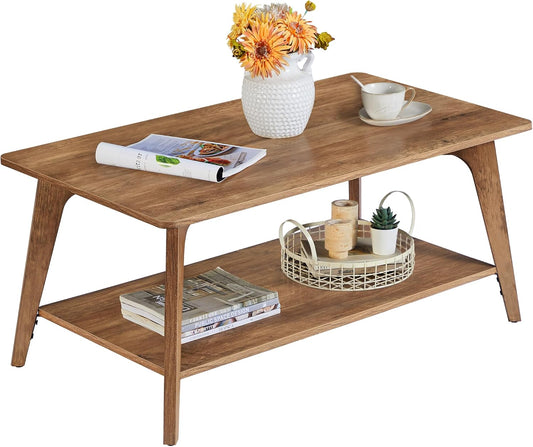 VASAGLE MAEZO Collection - Coffee Table, 2-Tier Center Table with Storage, Tapered Legs, Curved Transitions, 21.7 x 39.4 x 17.7 Inches, Easy to Assemble, for Living Room, Honey Brown ULCT249K01