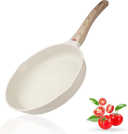 Vinchef 8 Inch White Nonstick Skillet, French Cream Shallow Fry Pan, Induction Compatible, Scratch-Resistant Ceramic Coating