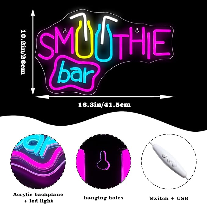 Looklight Smoothie Bar Neon Sign,Words Neon Signs for Wall Decor,Pink Letter Dimmable LED Neon Light Bar Sign,USB Light Up Signs for Store Beverage Cool Smoothie Bar Shop
