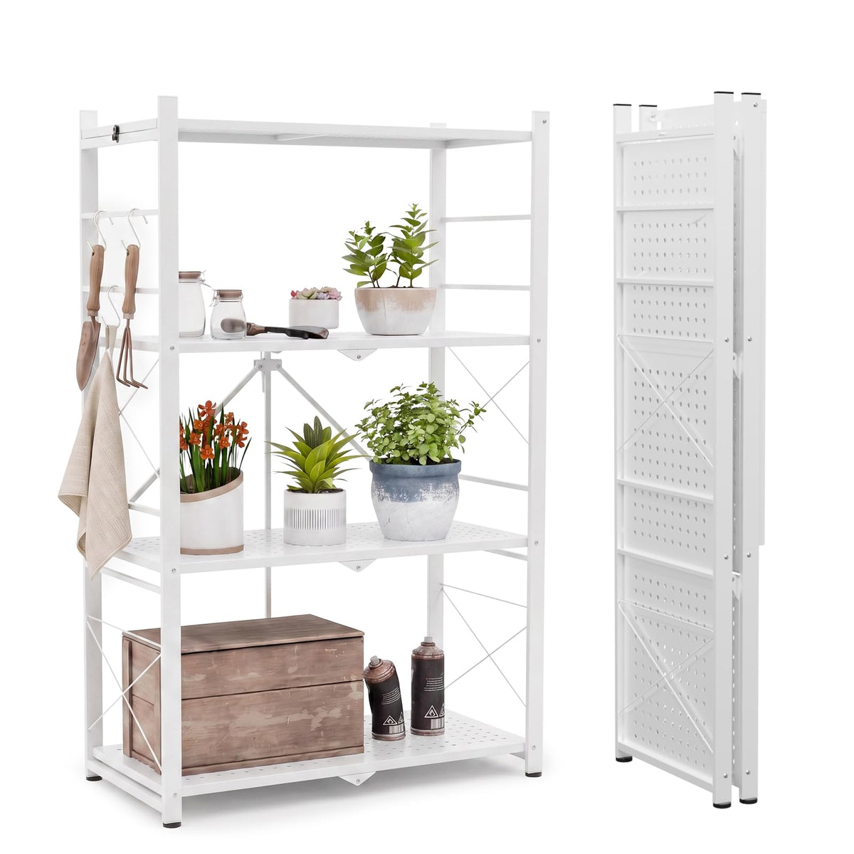 EAGLE PEAK 4-Tier Foldable Greenhouse Shelf, Heavy Duty Metal Storage Rack, No Assembly Steel Shelving Unit, Plant Stand for Greenhouse and Multi-Use Storage, 28”x14.6”x44.7”, 520 lbs, 1 Pack, White