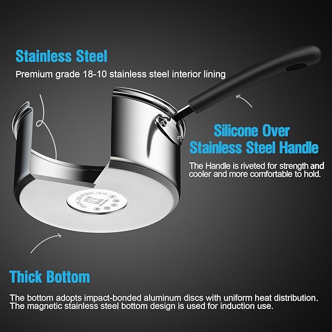Cook N Home Saucepan Sauce Pot with Lid 2 Quart Stainless Steel , Stay Cool Handle, silver