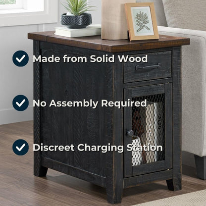 Martin Svensson Home Solid Wood Black and Brown Rustic Chairside End Table with Power and Storage