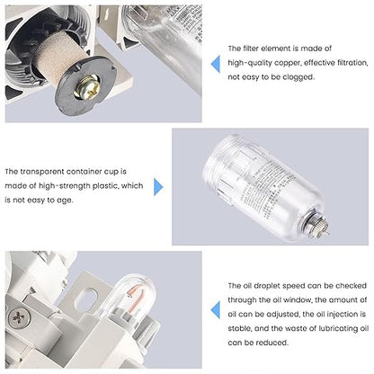 1/4 Inch NPT Compressed Air Filter Air Pressure Regulator Water-Oil Separator Trap Filter with Lubricator Cup