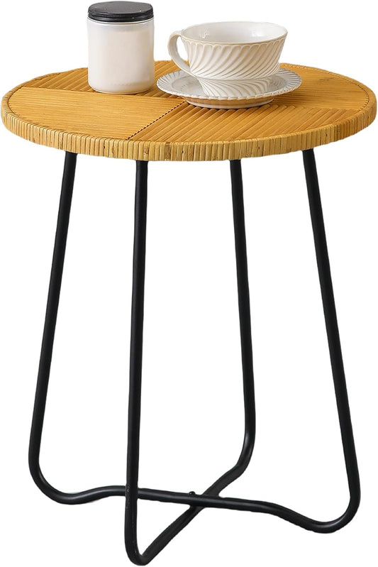Boho Rattan Round Small End Tables for Small Spaces 16 X 19 Inch, Handmade Farmhouse Decorative Side Table Living Room Bedroom Balcony, Mini Coffee Table for Couch