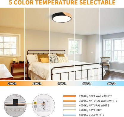 Modern Dimmable Black Flush Mount Ceiling Light Wood Close to Ceiling Lights for Bedroom Round Ceiling Lamp Lighting Fixture for Hallway Kitchen Laundry Room(11.8in)