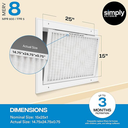 Simply 15x25x1 Air Filter, Merv 8, 6 Pack, For Home AC Furnace & HVAC (Actual Size: 14.75"x24.75"x0.75") DUST, Pet, & Allergy Control