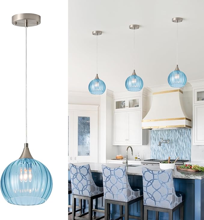 Brushed Nickel Pendant Lights Kitchen Island, Globe Pendant Light Fixtures with 8 Inch Clear Glass Shade, Modern Hanging Light Fixtures for Kitchen, Bedroom (1 Pack - Blue Glass Pendant Light)