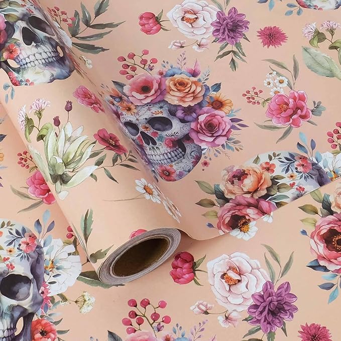 Aimyoo Gothic Wrapping Paper Roll, 17 Inch X 33 Fee Skull Floral Berry Design Gift Wrap Paper for Mother's Day, Birthday Bridal Shower