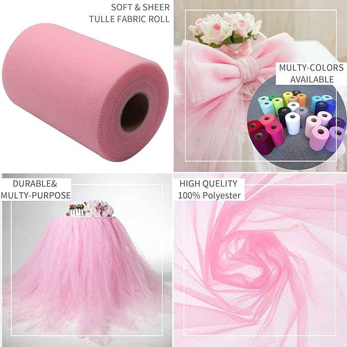 Pink Tulle Fabric Rolls 6 Inch by 200 Yards (600 feet) Fabric Spool Tulle Ribbon for DIY Pink Tutu Bow Baby Shower Birthday Party Wedding Decorations Craft Supplies
