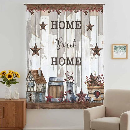 Farmhouse Sheer Curtains 63 Inch Length Retro Country Star Berry Vintage Wood Grain Chiffon Curtain for Bedroom Living Room Light Filtering Rod Pocket Window Treatments Voile Curtains Drapes
