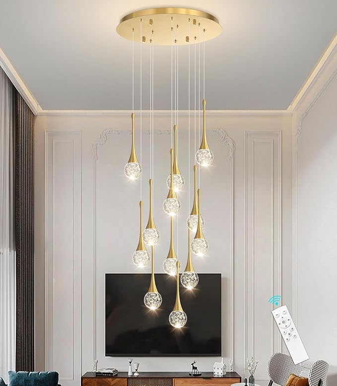 118 inches Modern Glam Crystal Chandelier for High Ceiling LED Dimmable Ceiling Pendant Light Staircase Foyer Enterway Living Room Chandelier Lighting Antique Gold 12 Lights
