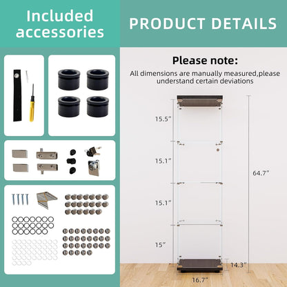 FLYMUHJIA Curio Cabinet Glass Display Case for Collectibles with Door, 4 Display Shelves Showcase, 64.2”Hx16.9''Lx 14.6''W Black