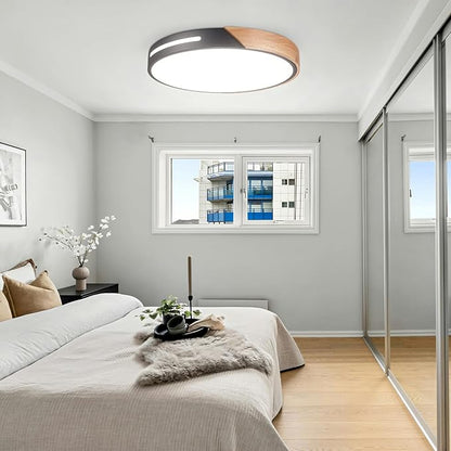 Wood Ceiling Light Flush Mount LED 36W, 16 inch Flush Mount Black, Kitchen Light Fixtures Ceiling Mount, Dimmable Close to Ceiling Light for Bedroom, Living Room, Bathroom