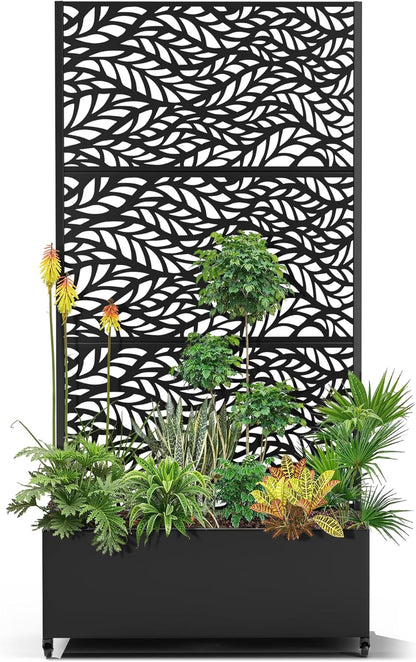 15.7"×70.9"×35.4" Metal Raised Garden Bed with Trellis and Wheels - Tall Trellis Planter Box for Climbing Plants, Vegetables & Vines - Outdoor Privacy Planters for Patio (Black-Spring)