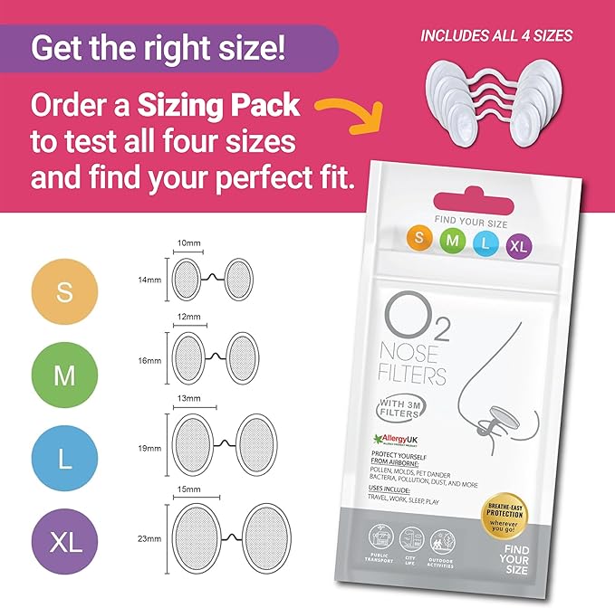 O2 Nose Filters with 3M Filtration - Nasal Screens for Allergies, Dust & Smoke - Drug-Free & Latex-Free Nose Filters - Invisible Allergy Protection (Large x 10)