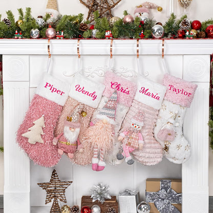 BHD BEAUTY Personalized Christmas Stocking Custom Name 3D Dolls Pink Customized Soft Faux Fur for Family Decorations Hanging Ornament for Xmas Holiday Party 1 Pack