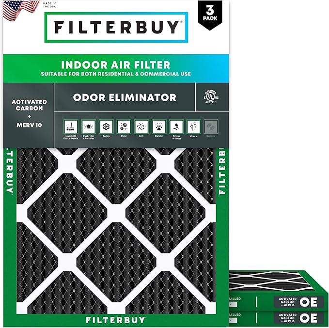 Filterbuy 16x20x1 Air Filter MERV 10 Odor & Allergy Defense with Activated Carbon (3-Pack), Electrostatic Pleated HVAC AC Furnace Filters Replacement, Made in USA (Actual Size: 15.50 x 19.50 x 0.75)