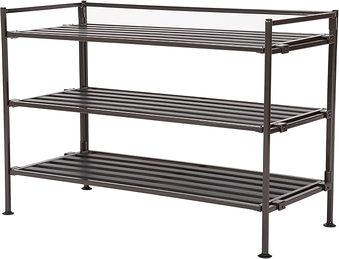 Seville Classics Sturdy Freestanding Storage Shelf for Bedroom, Closet, Entryway, Dorm Room Organizer Stackable Durable Metal Shoe Rack Espresso Slat, 3-Tier (NEW MODEL)