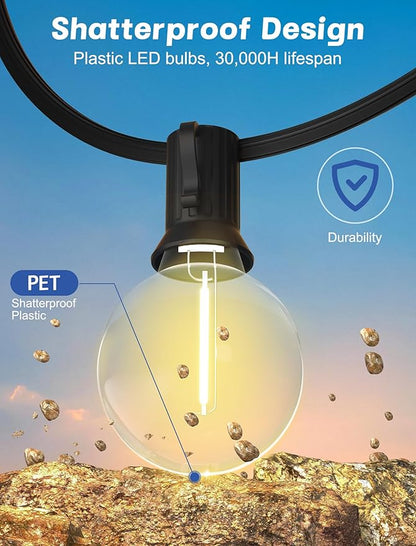 SUNSGNE G40 LED Globe Outdoor String Lights Waterproof Shatterproof, 25FT Outdoor Globe Lights with 25 LED Plastic Clear Light for Café Bistro Porch Pergola Tents Balcony Decor, Black Wire